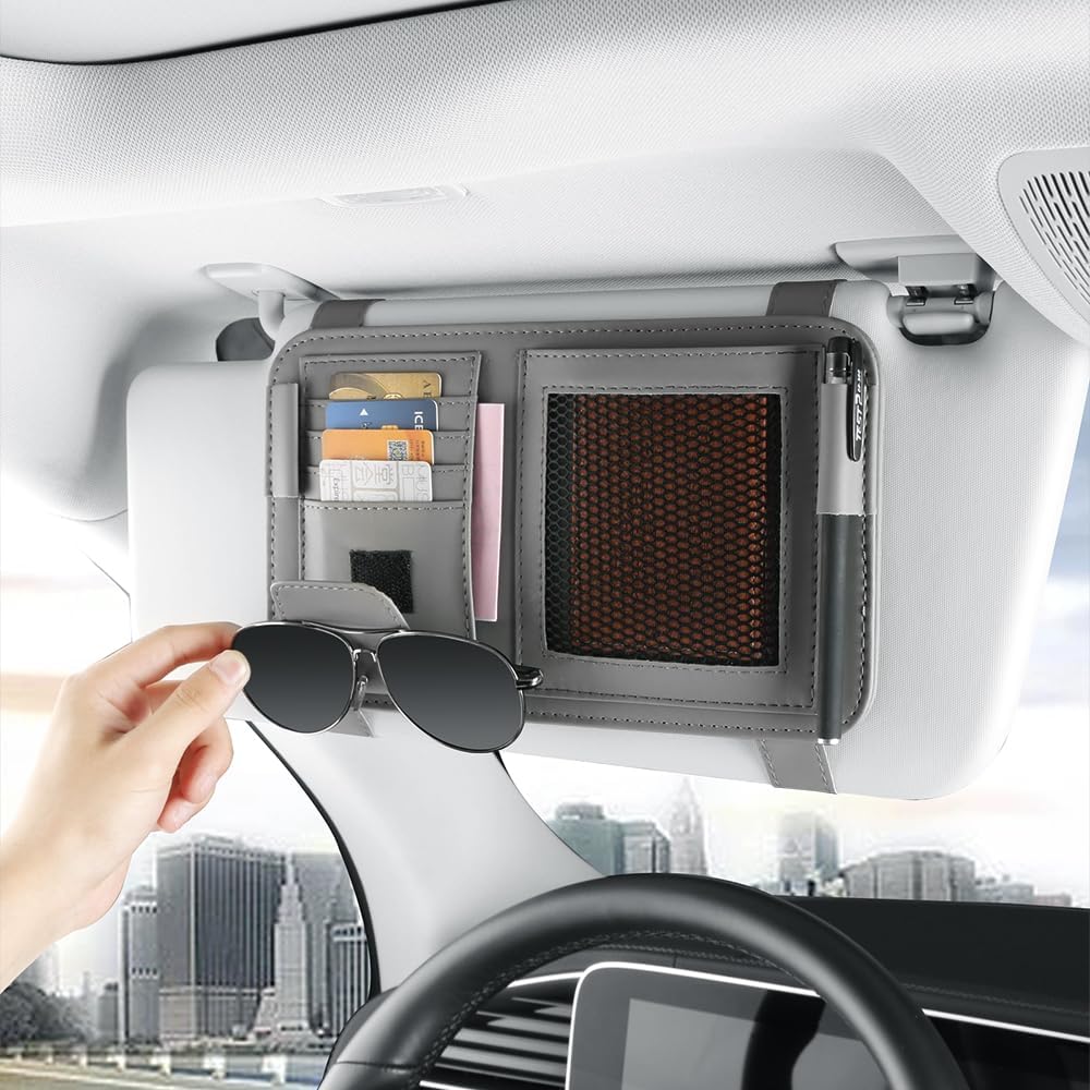 Leather Sun Visor Organizer for Truck, Sunglasses Holder, Cards Sleeve Pockets Organizer, Visor Document Holder for Registration License, Drving License, Insurance, Cards, Pen, Key