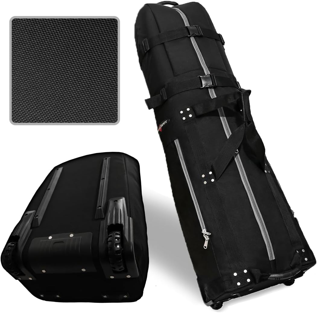 CaddyDaddy First Class Military Grade Ballistic Nylon Travel Cover with EVA Dense Foam Top Padding 2 Year Full Replacement Coverage Self Standing Base XL Wheels Case for Transporting Clubs on Airlines