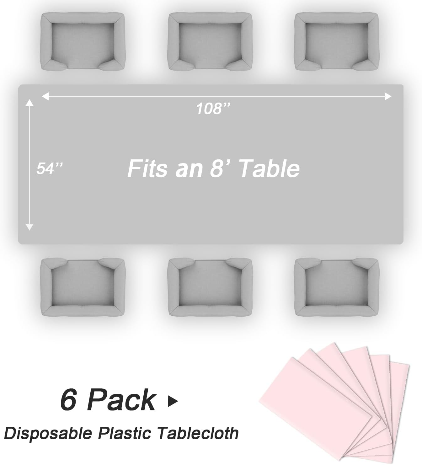 QIKSION Plastic Table Cloth Disposable 6 Pack, 54 x 108 Inch Tablecloths for Rectangle Tables, Pink Plastic Table Cover