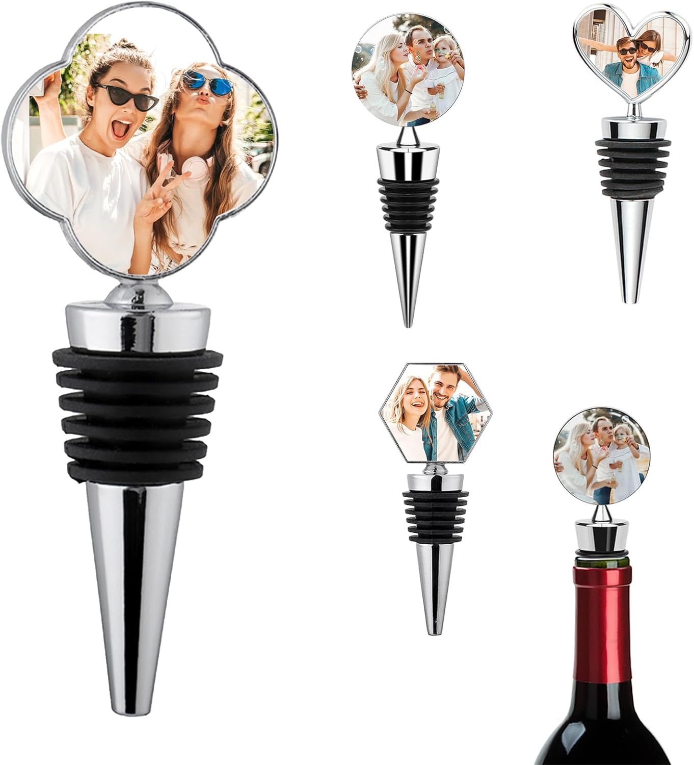 Personalized Wine Stopper Custom Wine Bottle Stopper with Your Photo Metal Wine Food Grade Silicone Stopper for Family, Wedding, Holiday Party