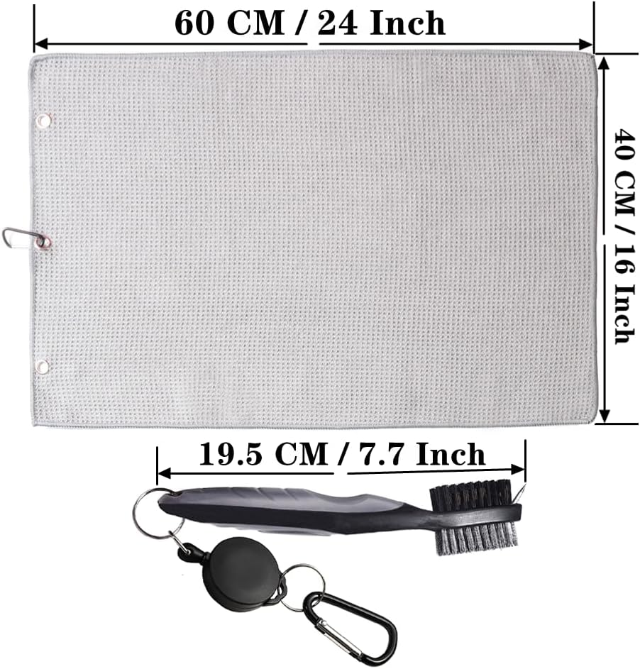 Golf Towels, Golf Towel and Brush Set, with Microfiber Waffle Design Golf Towel 16" X 24" with Hook and Loop Fastenerl and Retractable Zip-line Golf Club Brush (Grey)