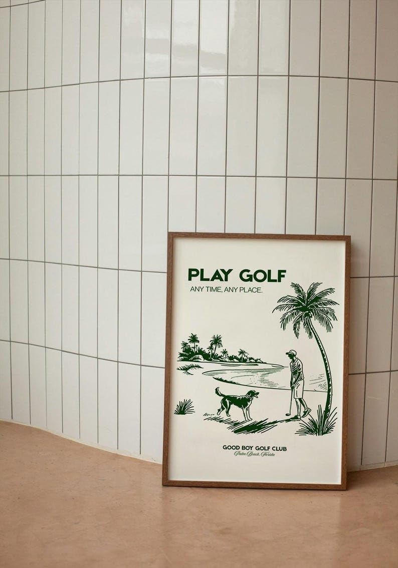 Nationcog Play Golf Poster, Golden Retriever Dog on Golf Course Wall Art, Retro Beach Scene Sketch Print, Vintage Golf Print, Great Gift Idea for Players and Coaches (Unframed) (16x24)