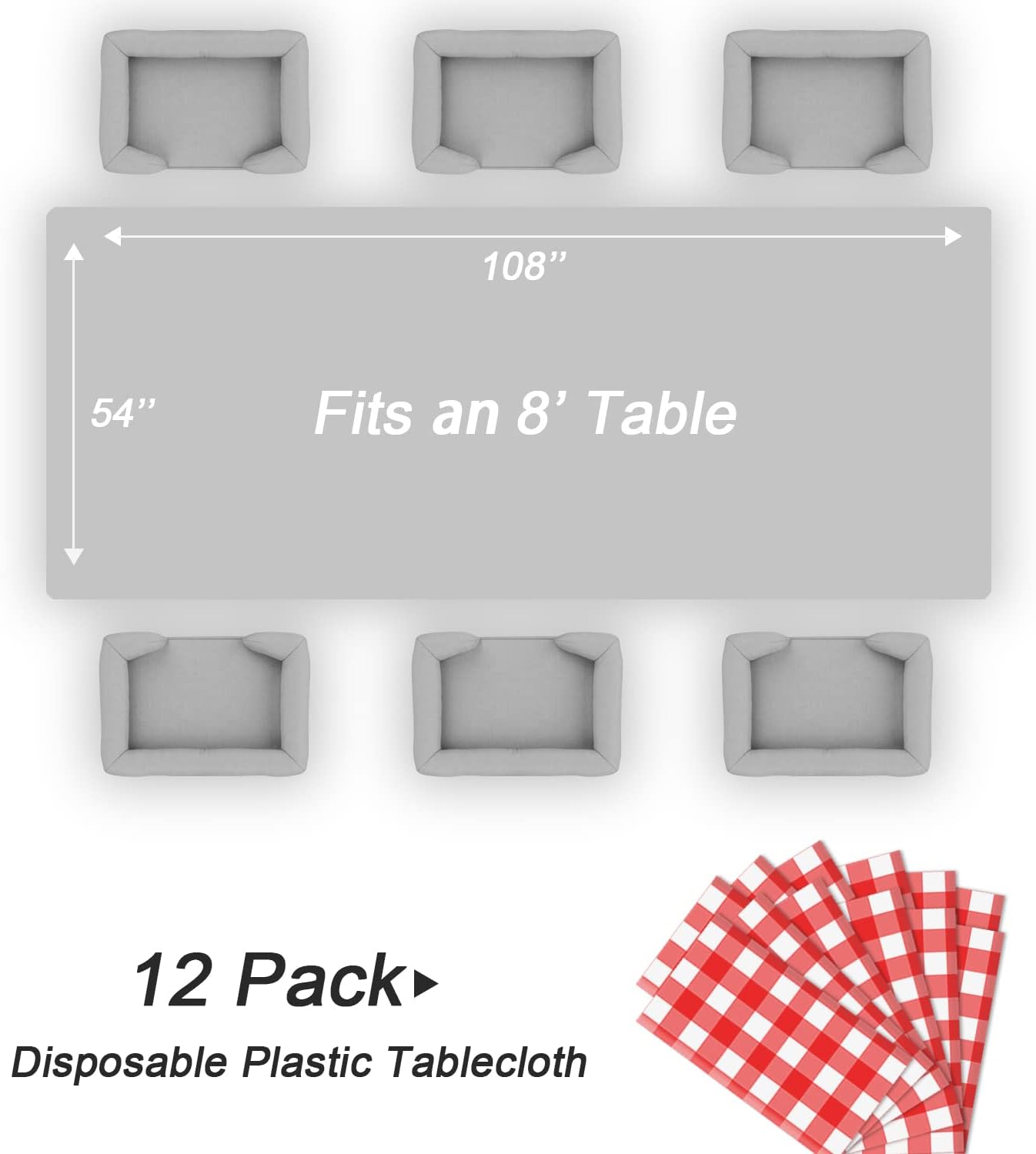 QIKSION Red Gingham Tablecloth Disposable 12 Pack, 54 x 108 Inch Red and White Checkered Table Cloth for Rectangle Tables, Plastic Table Cover