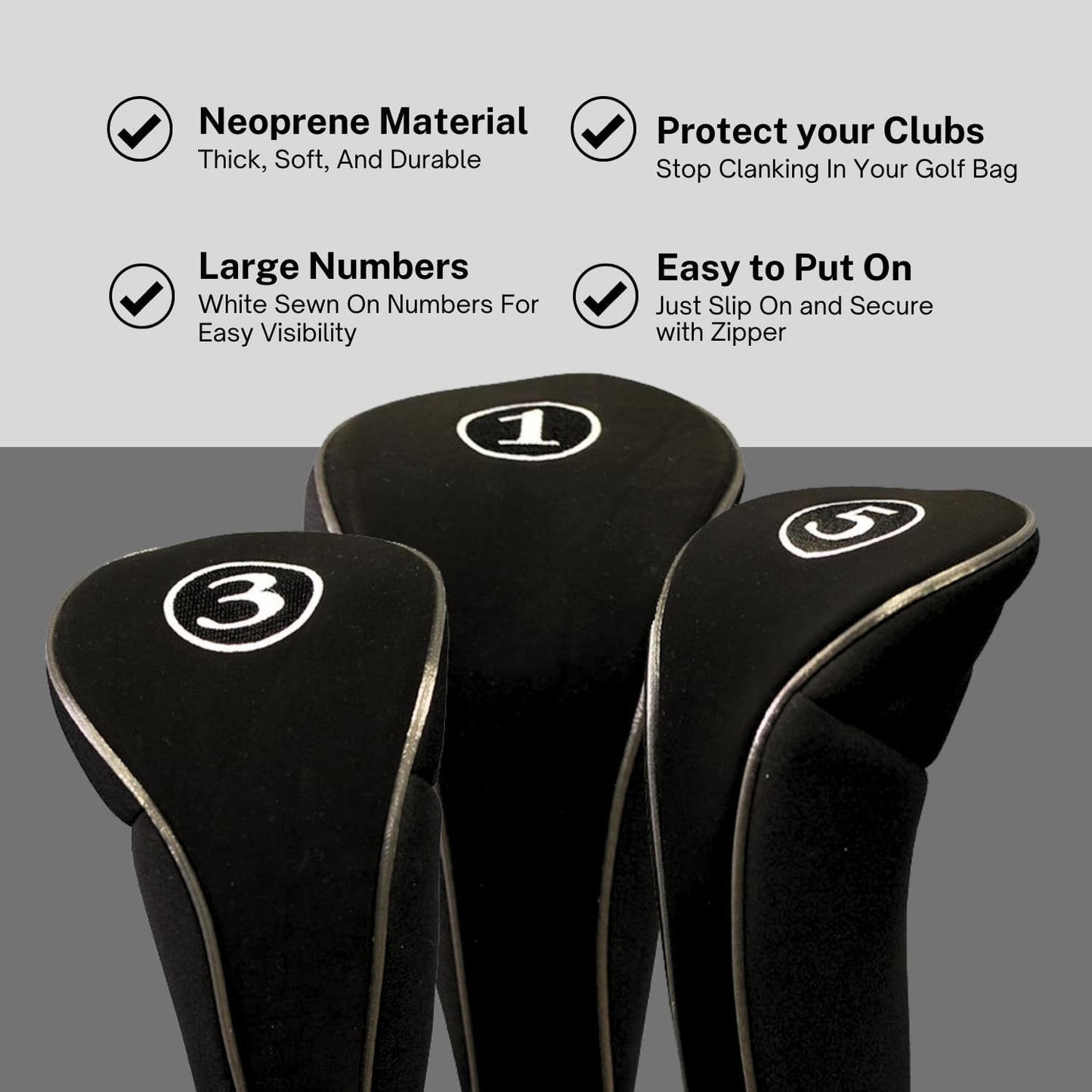 Black Golf Zipper Head Covers Driver 1 3 5 Fairway Woods Headcovers Metal Neoprene Traditional Plain Protective Covers Fits All Fairway Clubs and Drivers up to 460cc
