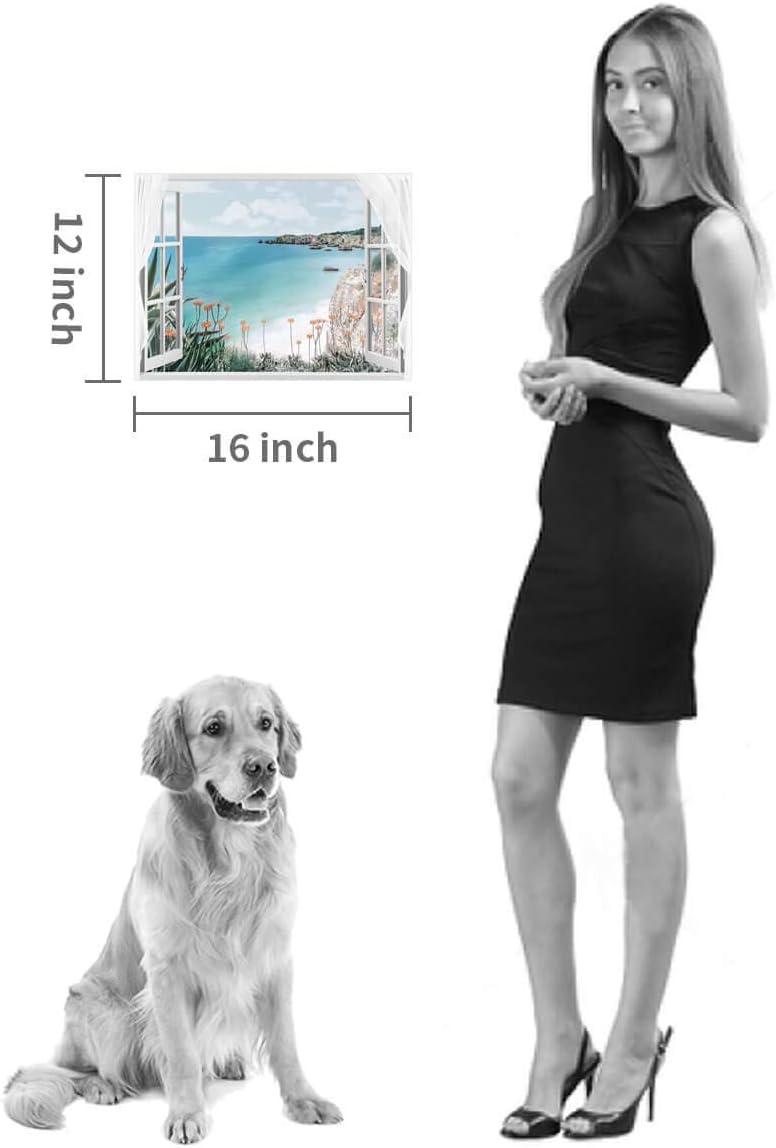 Hardy Gallery Coastal Painting Seascape Wall Art: Open Window View Picture Blue Ocean & Beach Artwork on Canvas for Bedroom (16'' x 12'' x 1 Panel)