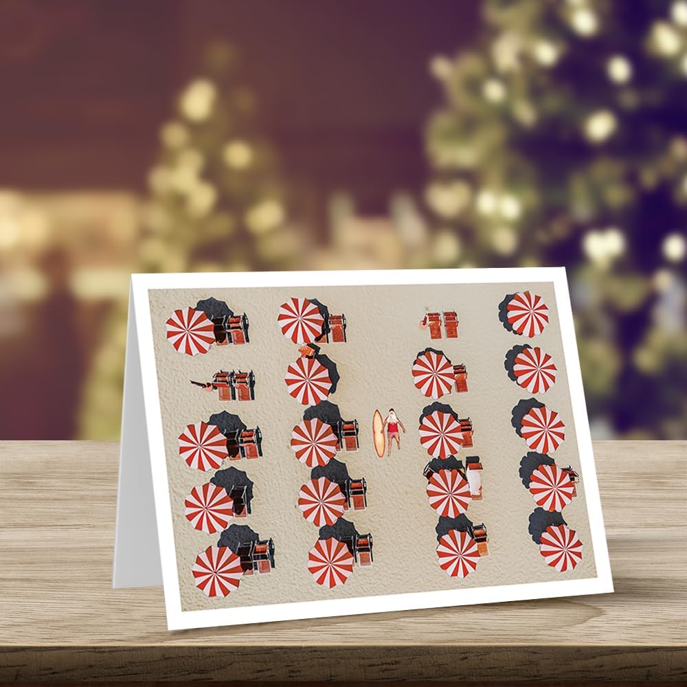 Photographic Christmas Cards, Santa Claus Relaxing at the Beach (6 Cards with White Envelopes)
