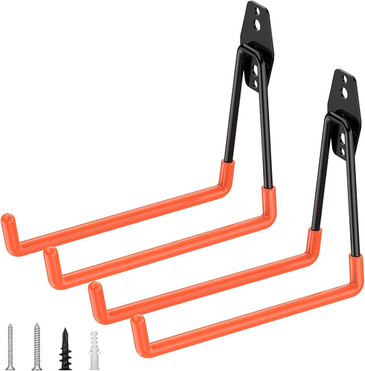 TICONN 2 Pack Heavy Duty Garage Hooks, Steel Utility Wall Storage Hooks, Wall Mount Hanger Organizer for Ladders, Bikes, Tools, Bulky Items (Large, Orange Square)