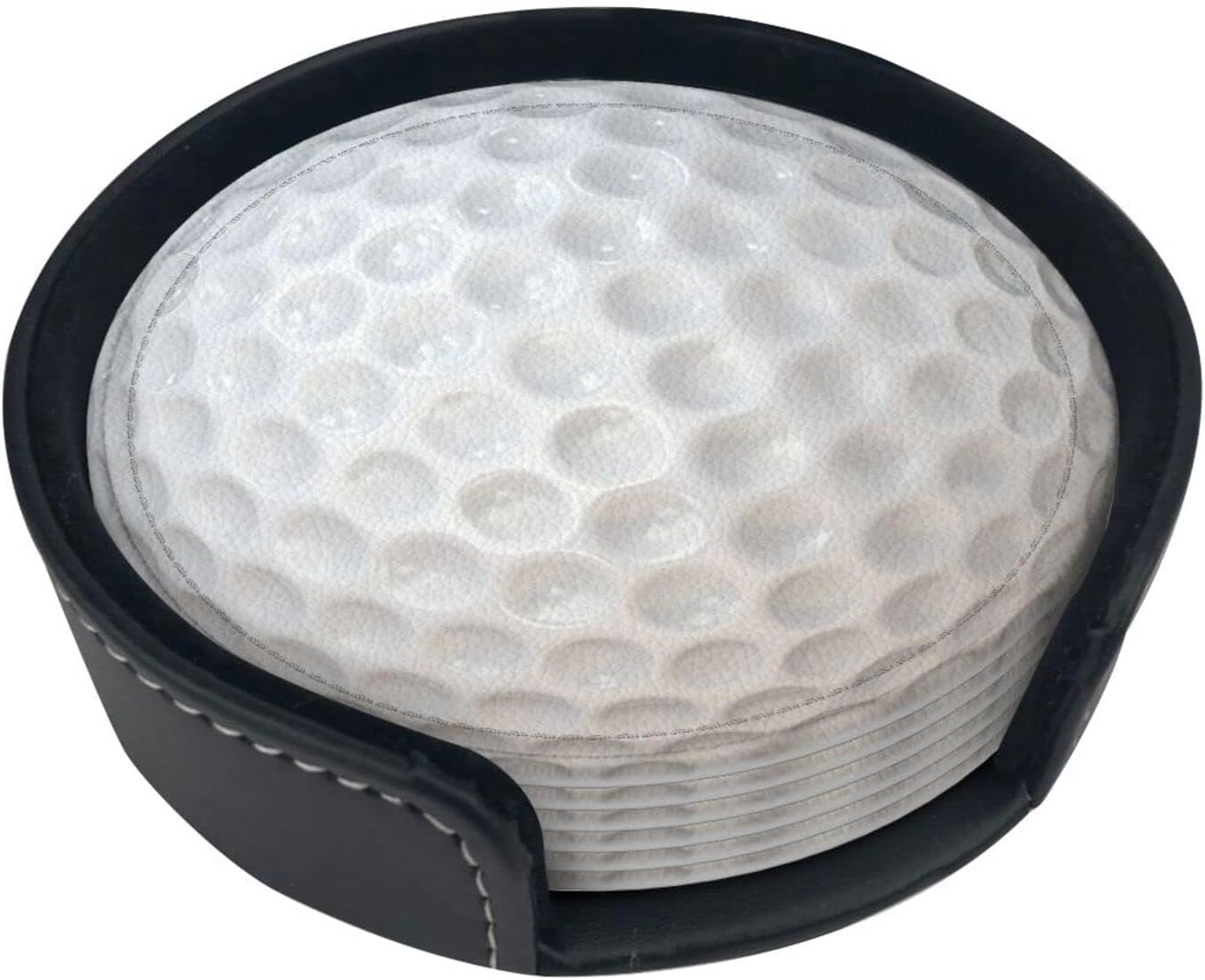 Golf Coasters for Drinks with Holder Round Leather Coasters Set of 6 Cups Mugs Mat Pad for Home Kitchen Bar