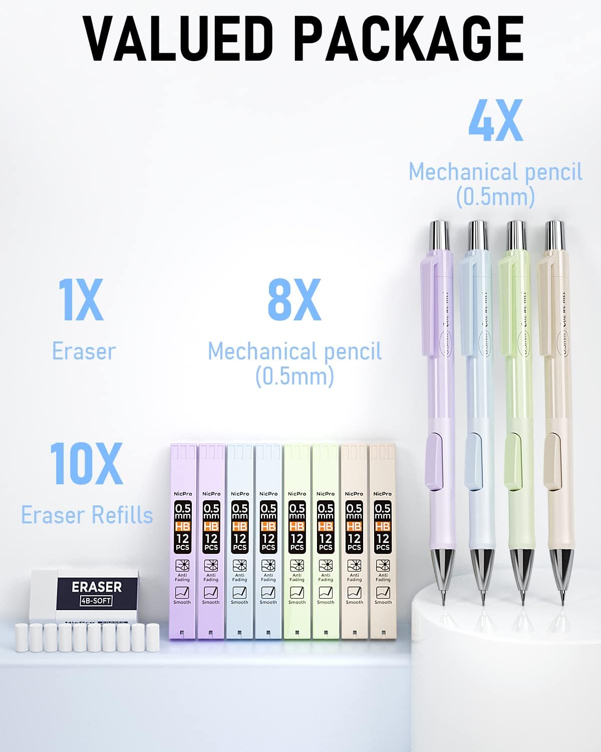 Nicpro 4PCS Pastel Mechanical Pencil 0.5mm, Cute Fast Click Mechanical Pencils Set with 100PCS HB Lead Refills, Erasers and Eraser Refills, Aesthetic School Supplies for Writing, Drawing, Sketching