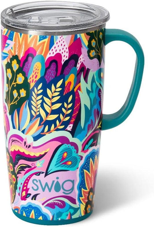 Swig Life 22oz Travel Mug, Insulated Tumbler with Handle and Lid, Cup Holder Friendly, Dishwasher Safe, Stainless Steel, Travel Coffee Cup, Insulated Mug with Lid (Bazaar)