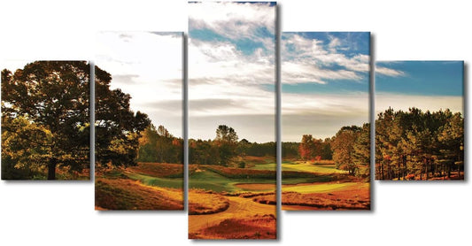 House Decorations Living Room Golf Course Cityscape Pictures Green Lawn Paintings 5 Panel Contemporary Wall Art on Canvas Premium Quality Artwork Framed Posters and Prints Ready to Hang - 60"W x 32"H