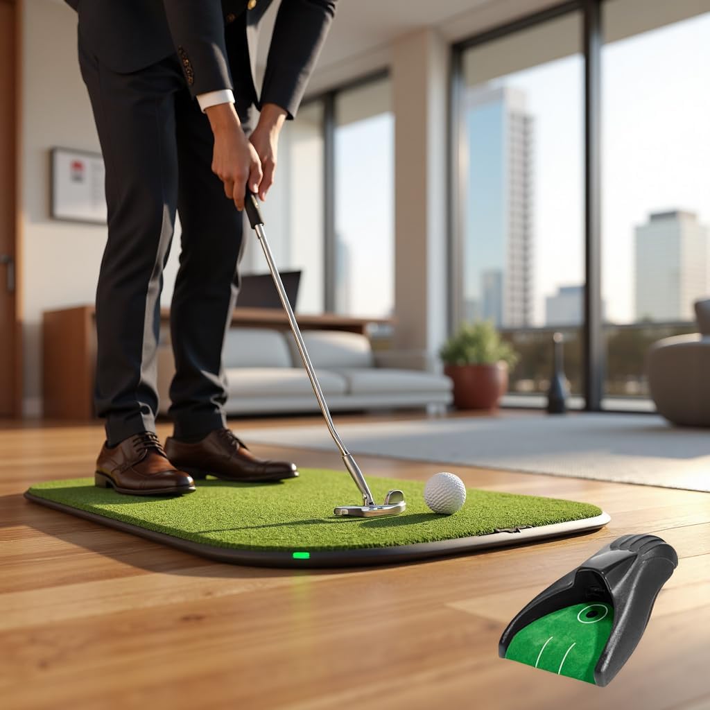 Golf Putting Return Machine - Green with Ball Kick Back Mat, Battery-Powered Return, Practice at Home, Office, Parties