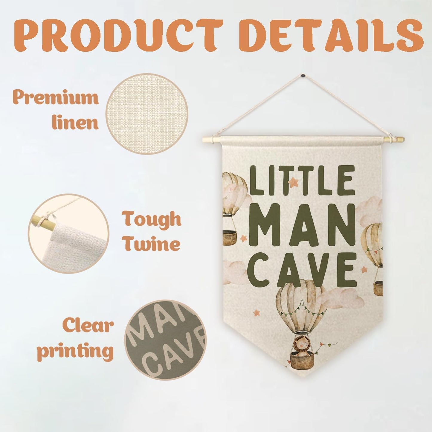 ArtisaEura Little Man Cave Wall Canvas Banners, Hot Air Balloon Nursery Decor, Baby Animal Hanging Display Pennant Banner Flags, Nursery Wall Decor for Kids Boys Room Bedroom Playroom