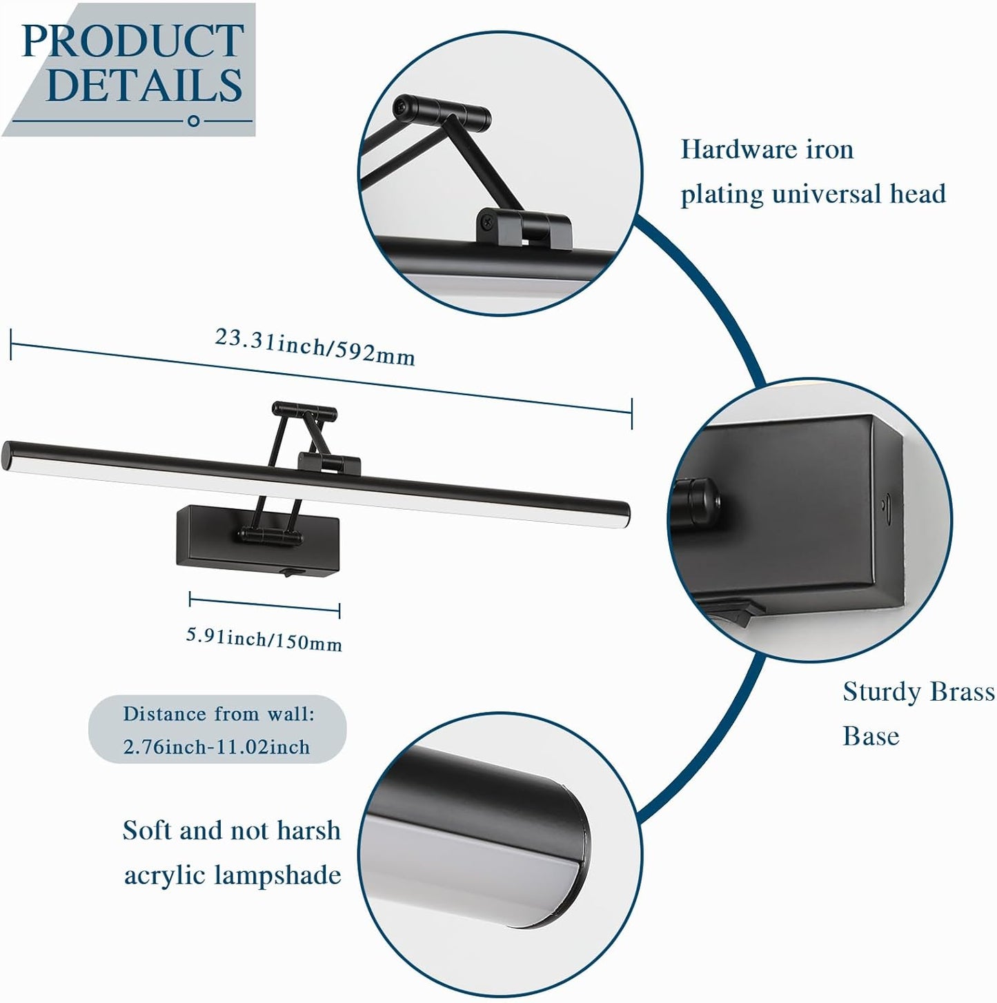 Joossnwell Battery Operated Picture Lights with Remote Wireless Art Lighting for Wall 23.62 Inch Rechargeable Painting Light Black Frame Light Dimmable 3CCT Gallery Light for Library Portrait