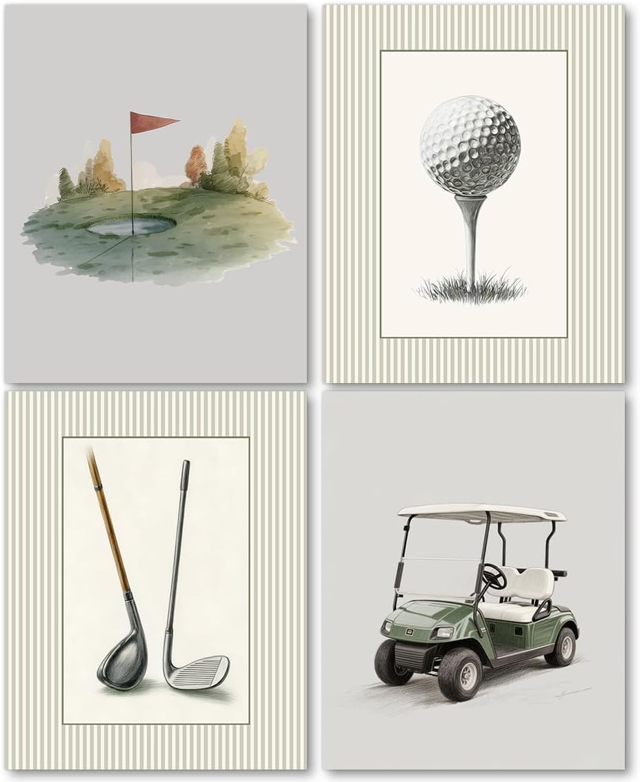laveliabel Golf Wall Art Prints Set of 4 Unframed, Golf Pictures Wall Decor, GolfGifts for Men, Vintage Retro GolfCart GolfClub Poster Prints for Home Room GolfOffice WallDecor 8x10inches