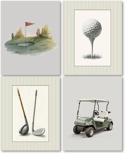 laveliabel Golf Wall Art Prints Set of 4 Unframed, Golf Pictures Wall Decor, GolfGifts for Men, Vintage Retro GolfCart GolfClub Poster Prints for Home Room GolfOffice WallDecor 8x10inches