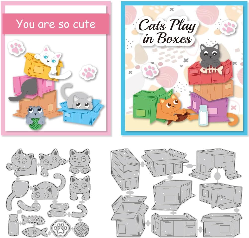 Cardboard Cat Cutting Dies Kitty Playing Scene Card Making Die Cuts Carbon Steel Stencils Scrapbooking Embossing Template Dies for DIY Craft Album Cat Lover Birthday Festival Gift Decor