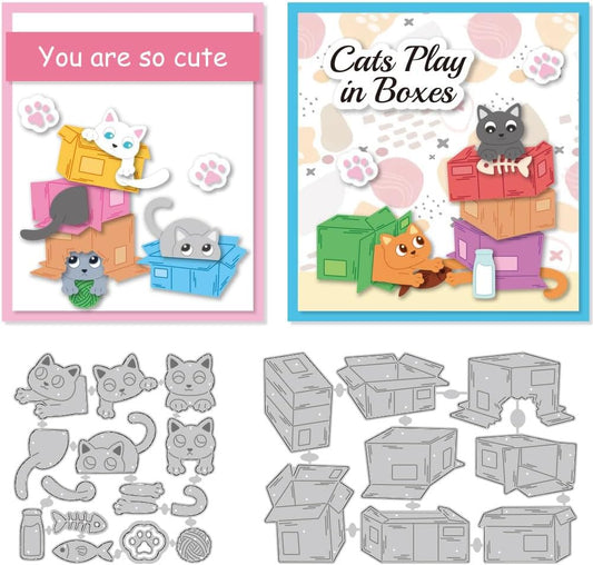 Cardboard Cat Cutting Dies Kitty Playing Scene Card Making Die Cuts Carbon Steel Stencils Scrapbooking Embossing Template Dies for DIY Craft Album Cat Lover Birthday Festival Gift Decor