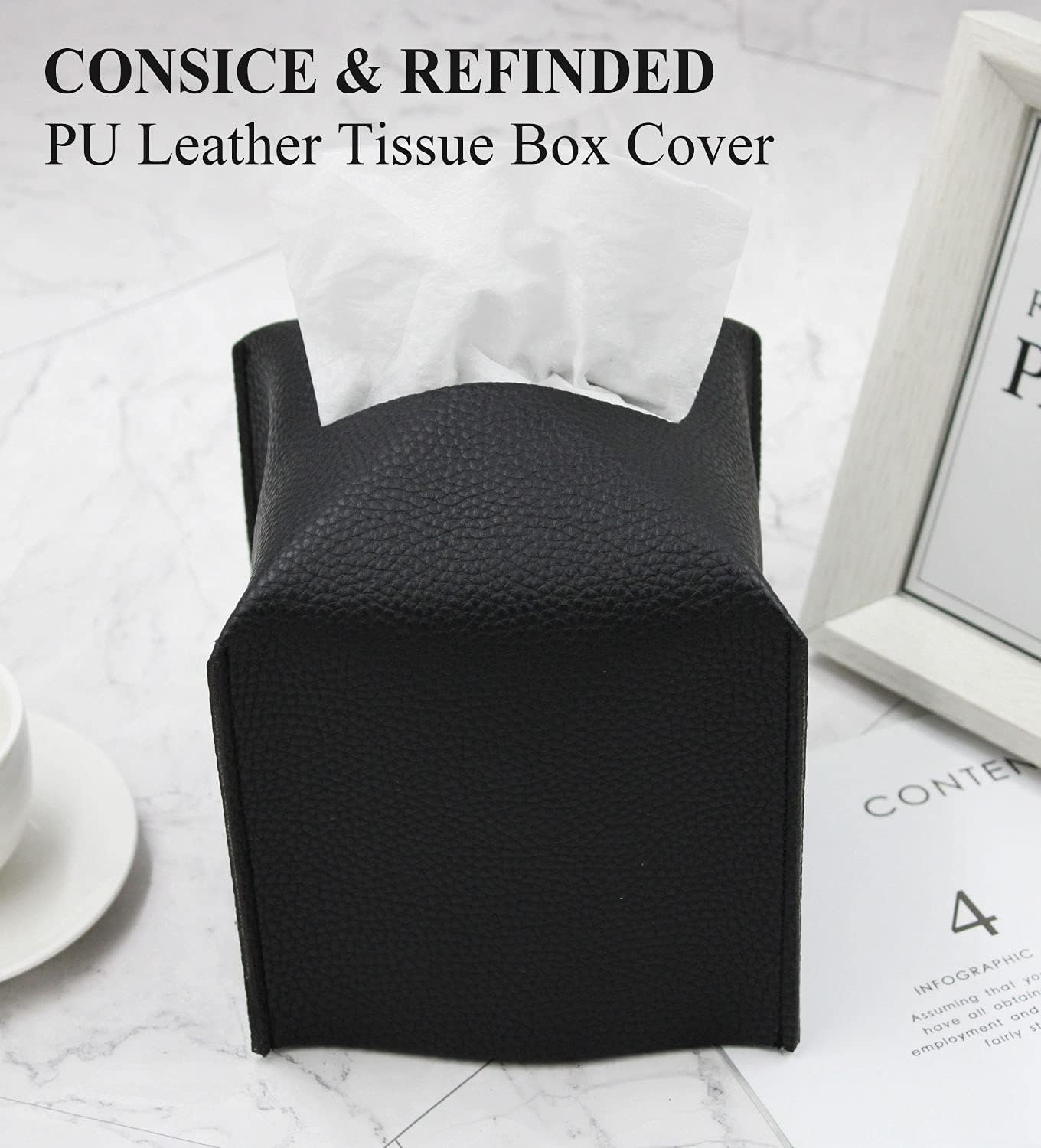 Livelab Tissue Box Cover, Square Decorative PU Leather Tissue Box Holder Modern Tissue Case Facial Paper Organizer Dispenser for Bathroom, Vanity Countertop, Night Stands, Desk, Car 5X5X5'' | Black