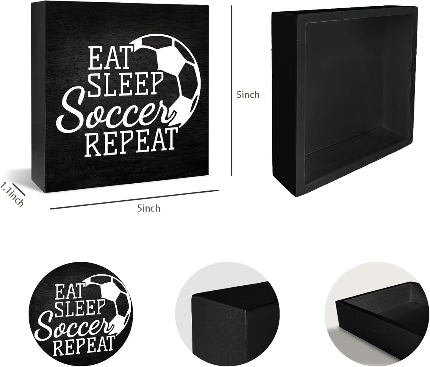 Soccer Decor Sign - Eat Sleep Soccer Repeat, Wooden Box Table Sign for Boys Room, Bedroom Decor, Birthday Party Decorations 5 x 5 Inch