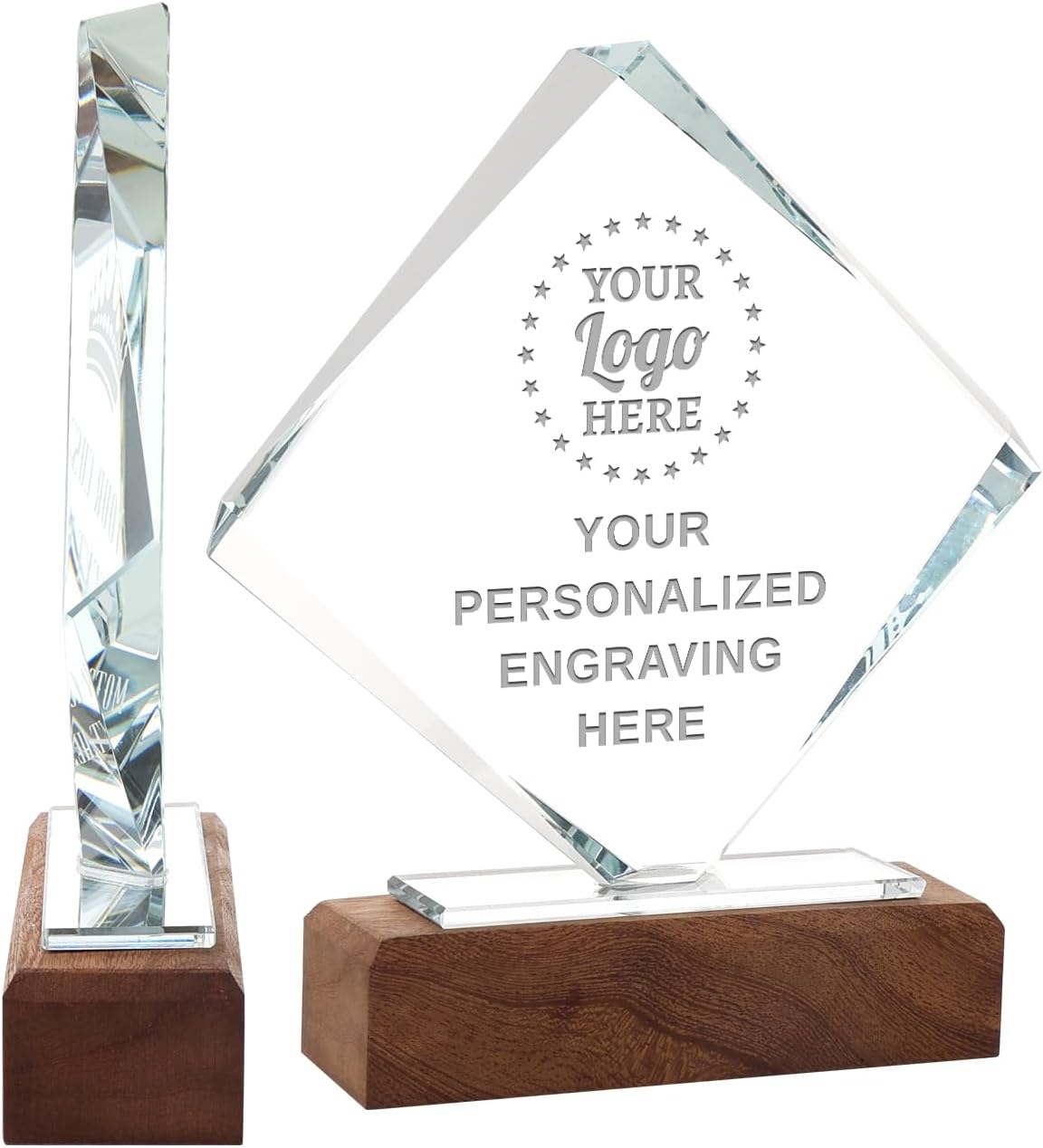 Personalized Crystal Trophy Award with Solid Wood Base - Custom Engraved Plaques for Employee Recognition, Sports Trophies, Thanks Gifts