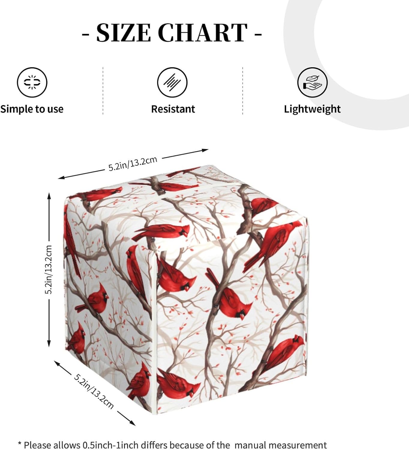 Tissue Box Cover Winter Christmas Red Bird Square PU Leather Tissue Box Holder for Car Bathroom Bedroom Desk Tabletop Decor