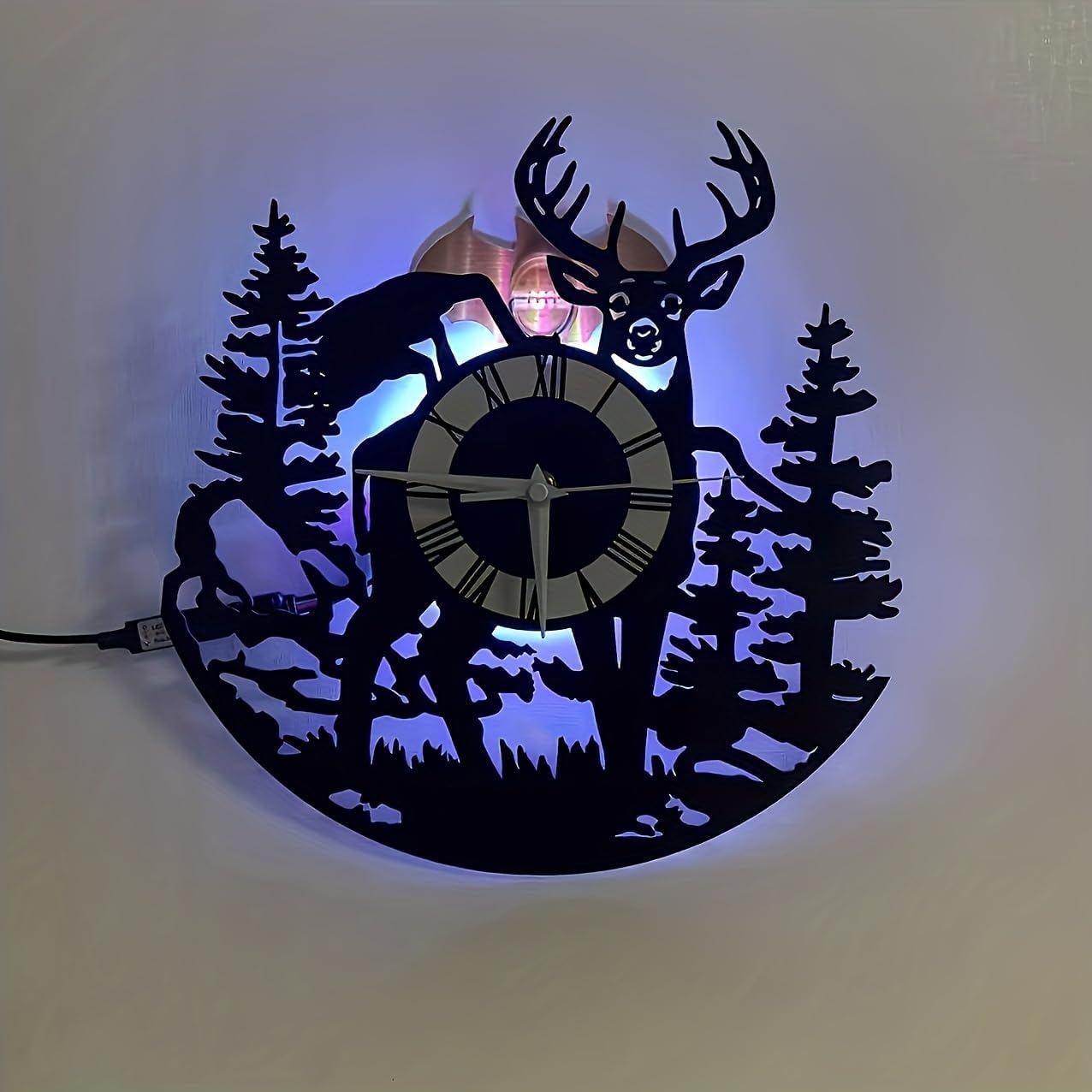 LED Backlit Wall Clock, Forest Wildlife Deer Scene, Color-Changing Night Light, 12-inch Roman Numeral Display