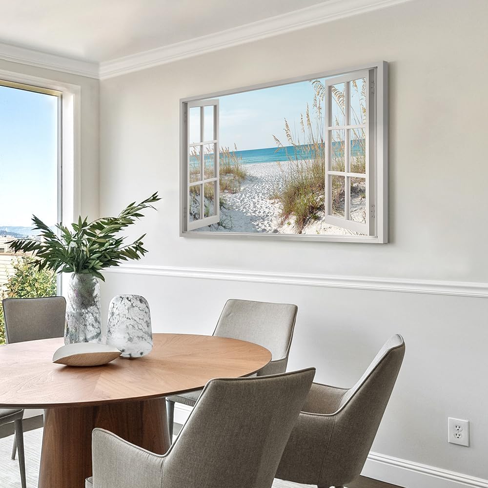beach wall art window picture: coastal canvas artwork seascape scene prints looking out fake window wall decor for bedroom 45"x30"