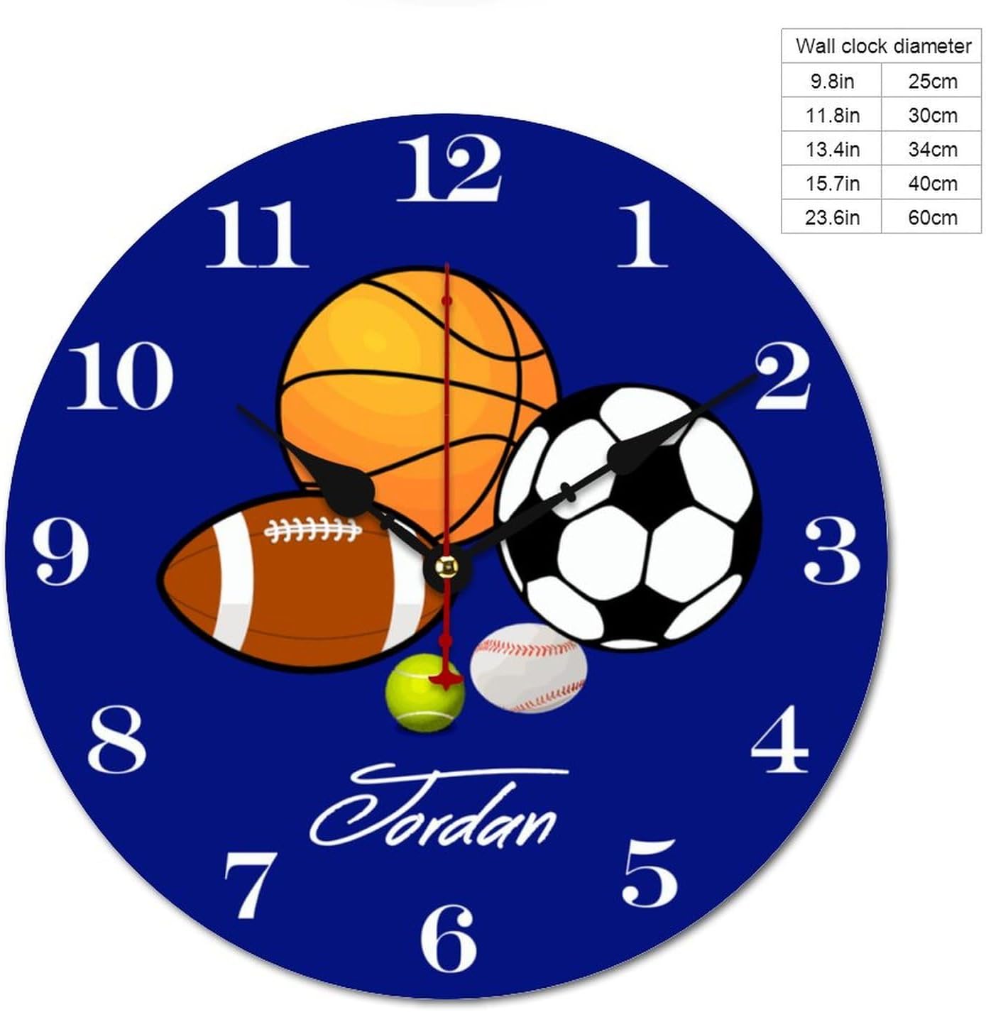 10 inch Blue Sports Ball Personalized Kids Name Wall Clocks Battery Operated for Kids Bedrooms Nursery School Playroom Decor,Custom Kids Name Wall Clock,Sports Decor Wood Round Clock Silent