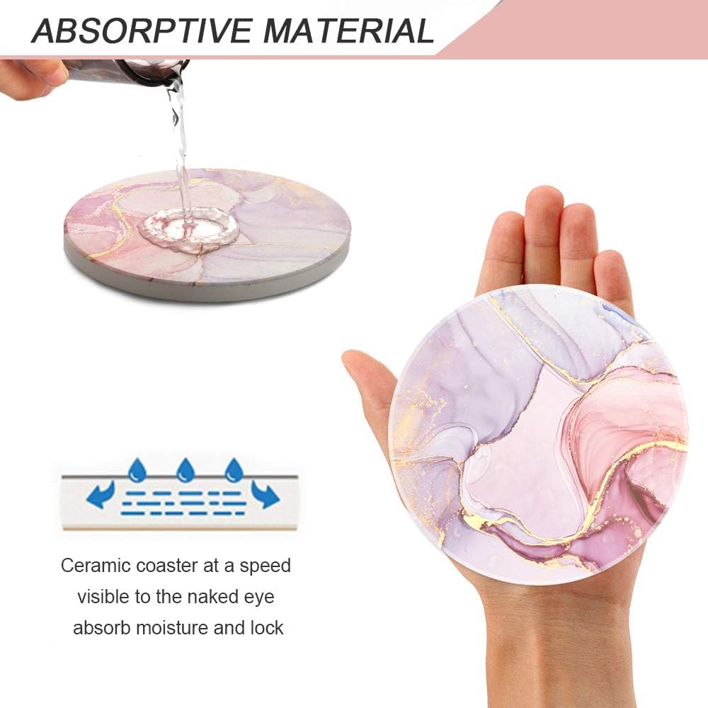 Lahome Marble Style Coasters - Round Drinks Absorbent Stone Coaster Set with Ceramic Stone and Cork Base for Kinds of Mugs and Cups (Lavender, 4)