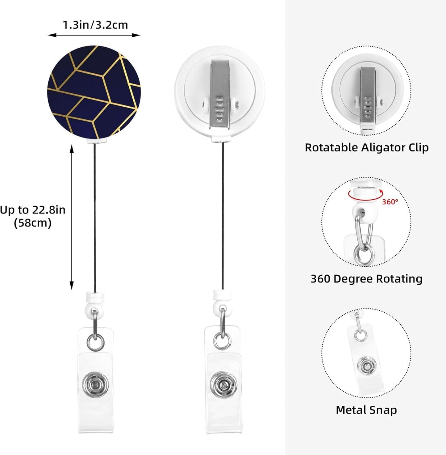 Geometric Navy Blue Gold Badge Reels Retractable Badge Holder with Clip for Id Name Tag Office Worker Student Teacher Nurse Doctor