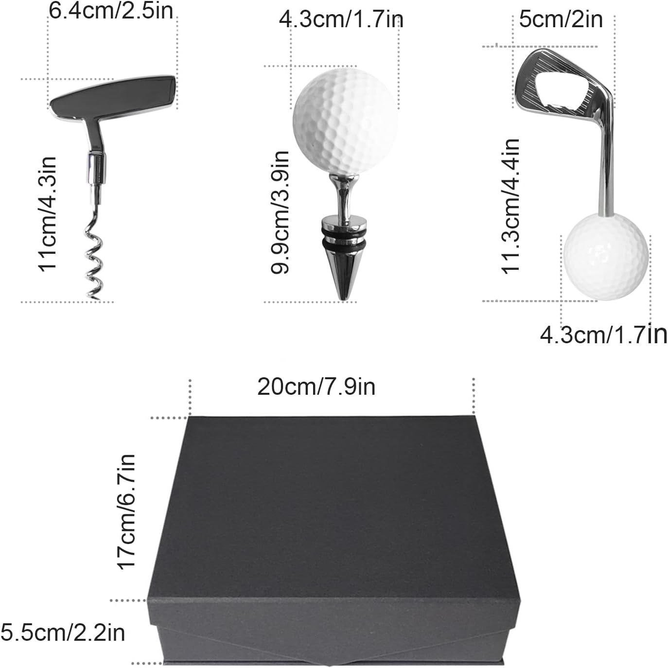 Golf Club Bottle Opener, Wine Opener & Stoppers Set Zinc Alloy Manual Wine Bottle Opener for Golf & Wine Lovers, Set of 3