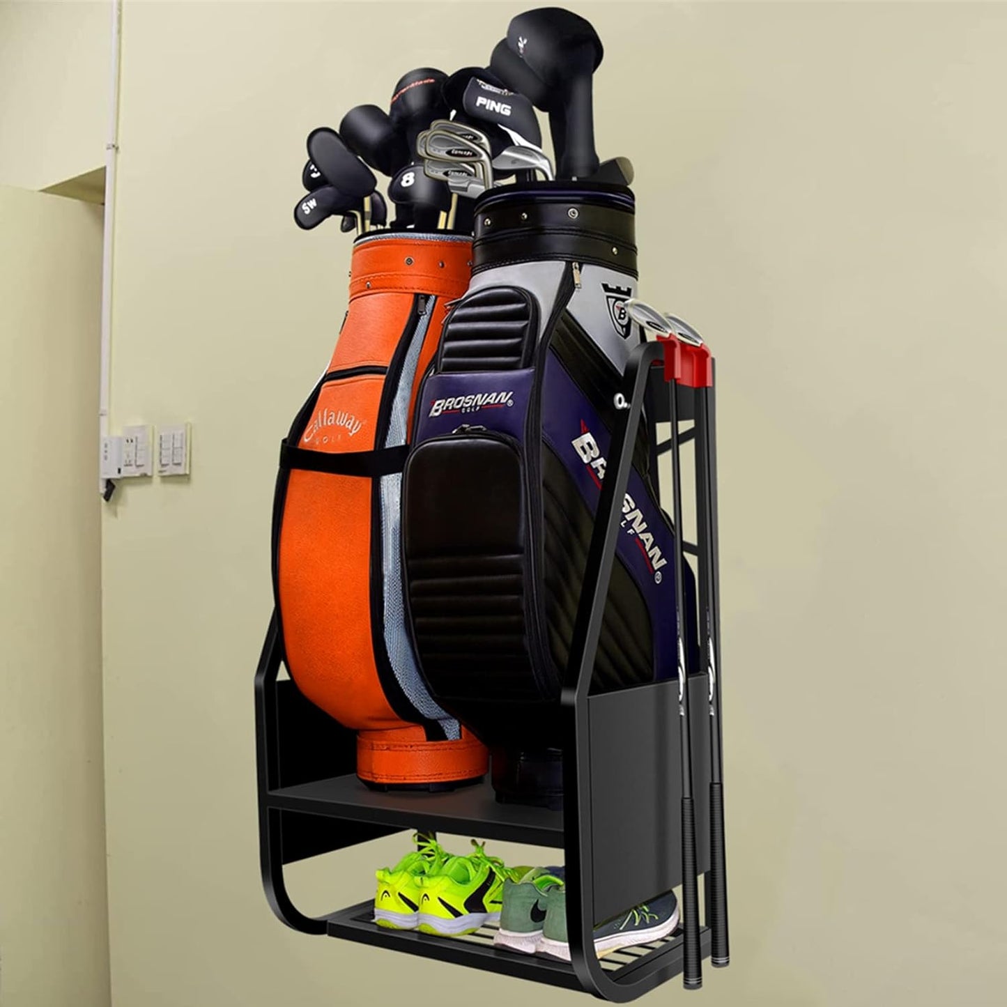 WALMANN Wall Mount Golf Bag Organizer Extra Large 2 Golf Bags Stand Golfing Equipment and Accessories Storage Rack for Garage Shed Basement