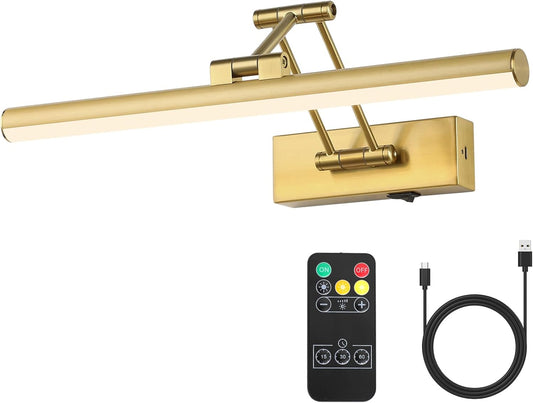 Joossnwell Wireless Picture Light Battery Operated with Remote LED Art Lights for Paintings Rechargeable Dimmable and Timer 15.5 Inch Brass Picture Lights for Wall Gallery Light Library Light