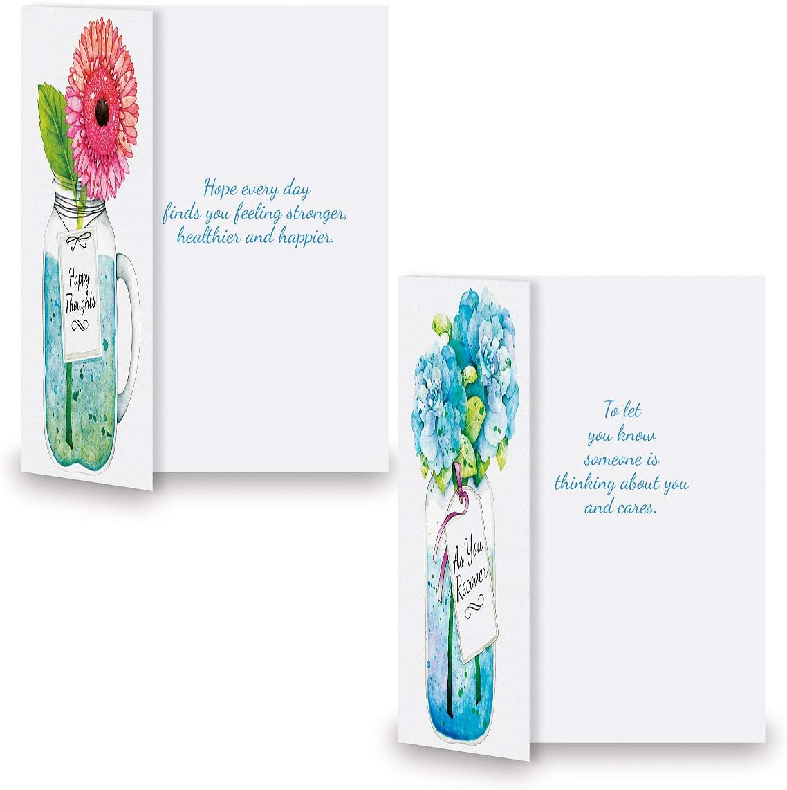 Mason Jar Get Well Greeting Cards - Set of 8 (4 Designs), Large 5" x 7", Sympathy Cards with Sentiments Inside, White Envelopes