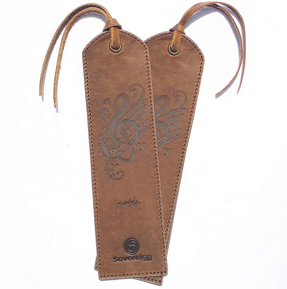Leather Bookmarks for Men and Women | Quality Mens Bookmark with Music Notes | 2 Smooth Handmade Leather Book Markers for Men Women Book Lovers Readers (7x2) Leather Gift | Sovereign-Gear
