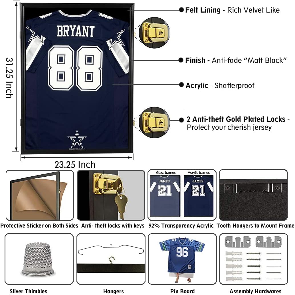 Jersey Display Frame Case Large Frames Shadow Box Lockable with UV Protection Acrylic Hanger and Wall Mount Option for Baseball Basketball Football Soccer Hockey Sport Shirt