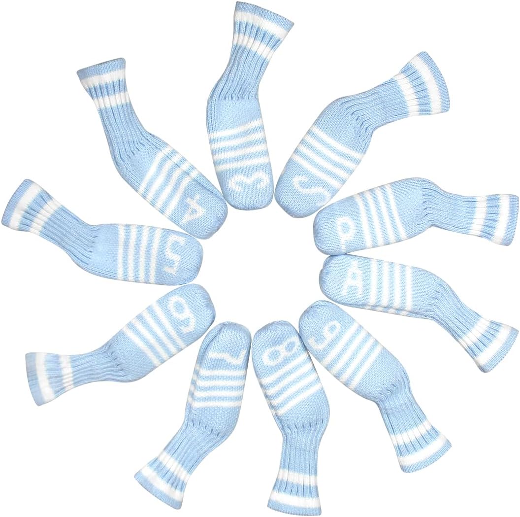 Scott Edward 1/7/10 Pcs Knitted Golf Club Head Covers for Irons Wedge Cuteness and Basically Socks Shape Washable Golf Club Head Protector on Classic Stripes Style，Double Sided Customization