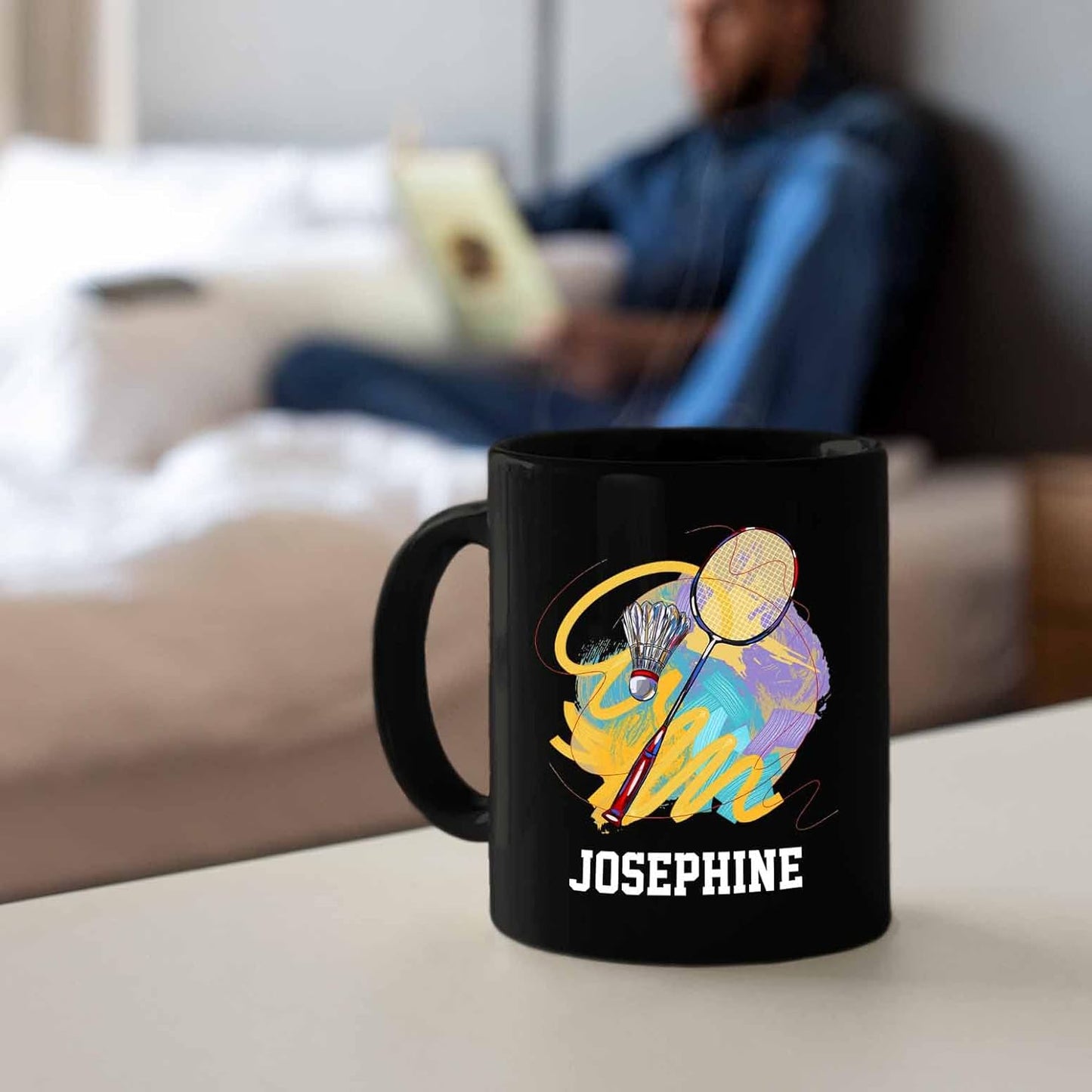 Personalized Choose Player Name Coffee Mugs Cups Gift For Men Women Team Coach Badminton Lover, Badminton Player Coffee Cup 11 Oz 15 Oz, Custom Badminton Racket Black Ceramic Mug, Badminton Sport Mug