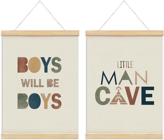 KDHTY Little Man Cave Wall Art Posters Hanger Frame,Toddler Boy Room Decor,Nursery Toddler Room Decor Kids Playroom Art,Reading Corner Decor,12 x 16 Inch,Set of 2