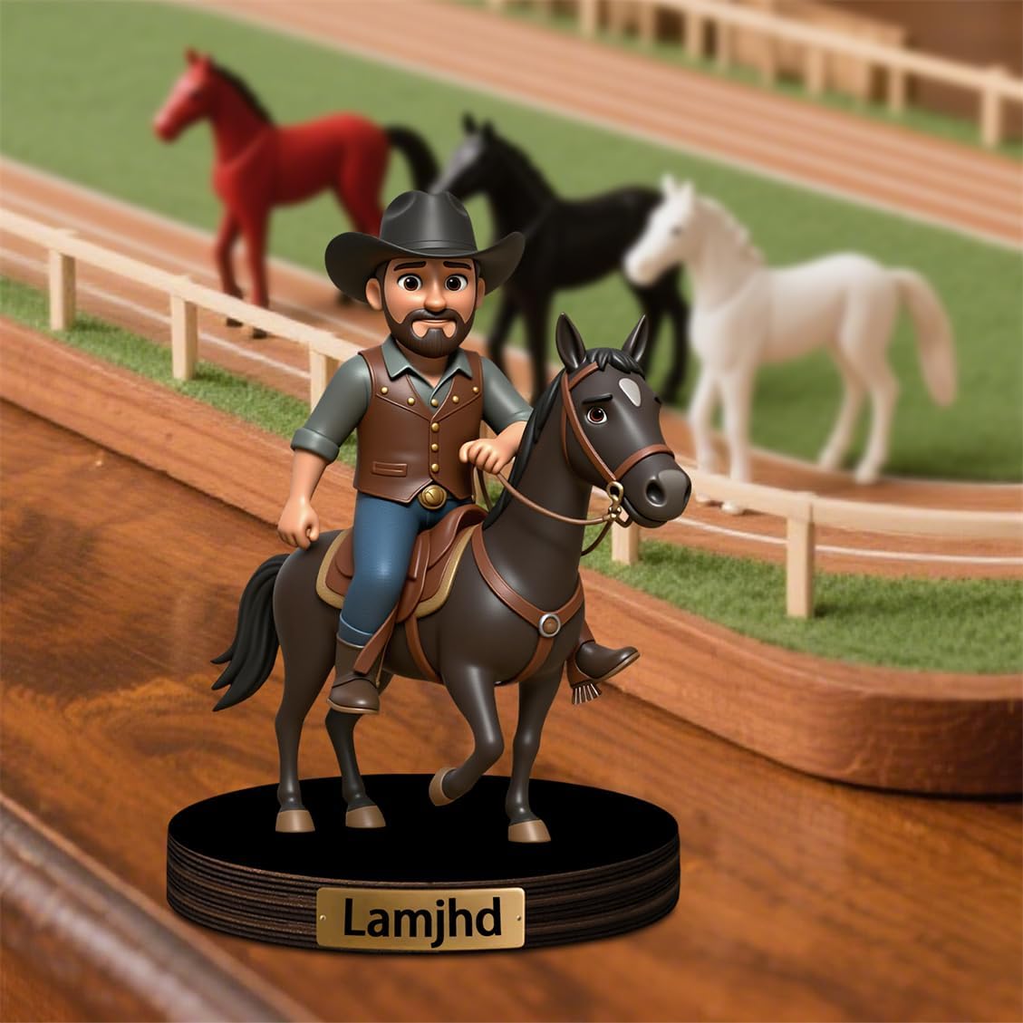 Personalized Horse Rider Cartoon Acrylic Desktop Sign with Name Custom Horse Racing Portrait Figurine Decor Race Horses Sculpture Desk Ornament for Men Women Family Couple Christmas Birthday