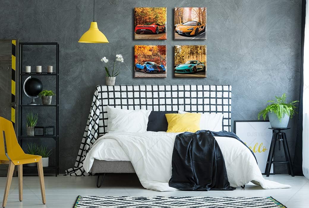 DJSYLIFE Car Posters Boys Room Decor Wall Art Giclee Canvas Prints Autumn Landscape Red Sport Car Pictures Modern Artwork for Bedroom Home Decorations Painting 12x12 inchesx4 Framed Ready to Hang