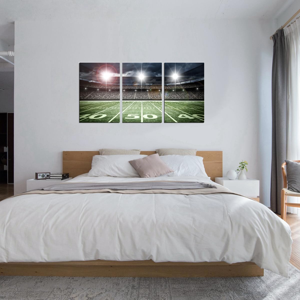 American Football Large Artwork Dorm Kids Room Canvas Wall Art Green Spotlight Rugby Field Match Sport Picture for Boy Bedroom Playroom Wall Décor Framed 16x24inch