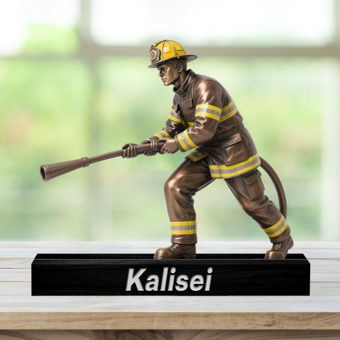 Personalized Fireman Desktop Ornament Sign Custom Firefighter Name Desk Sign Art Flat Plaque with Wooden Base for Home Desk Decor Plaque Gifts for Firefighter Dad Christmas Birthday from Kids