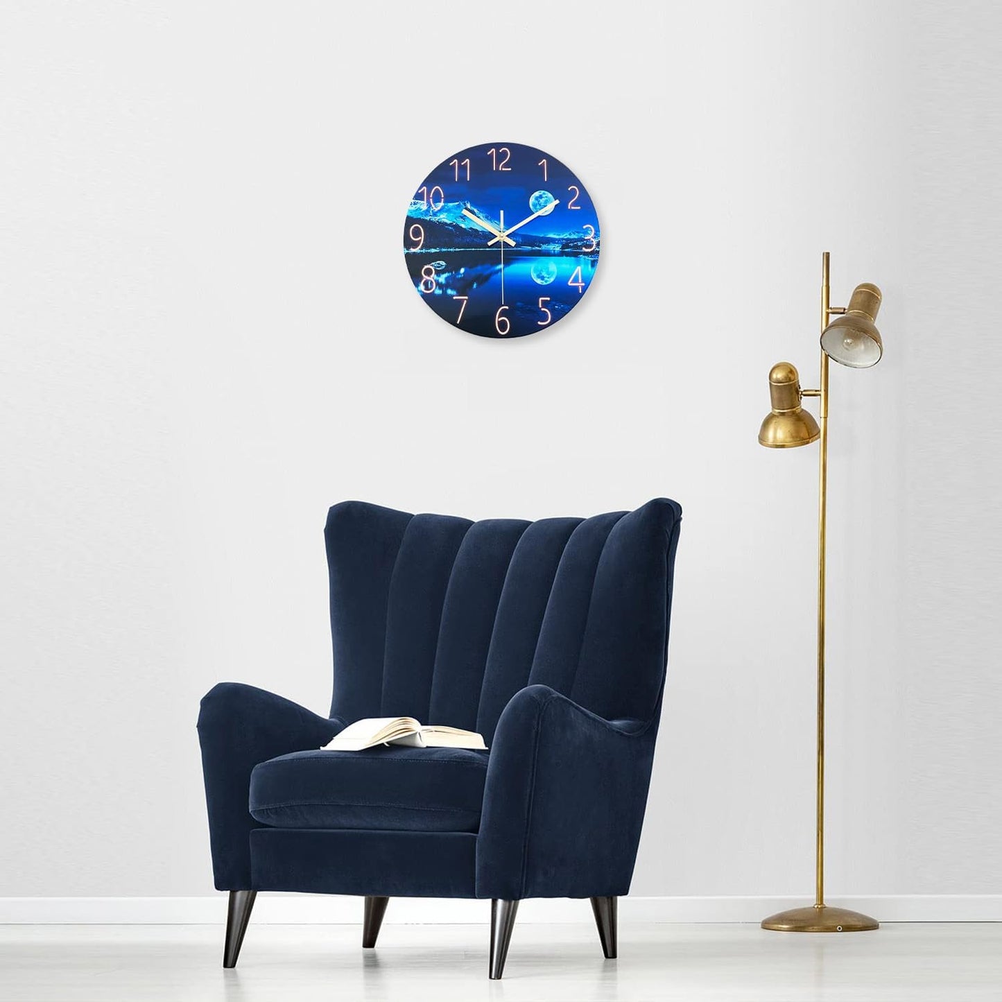Blue Wall Clock for Bedroom 12 Inch Natural Landscape Round Analog Clock Battery Operated Moon Wall Clock Non Ticking