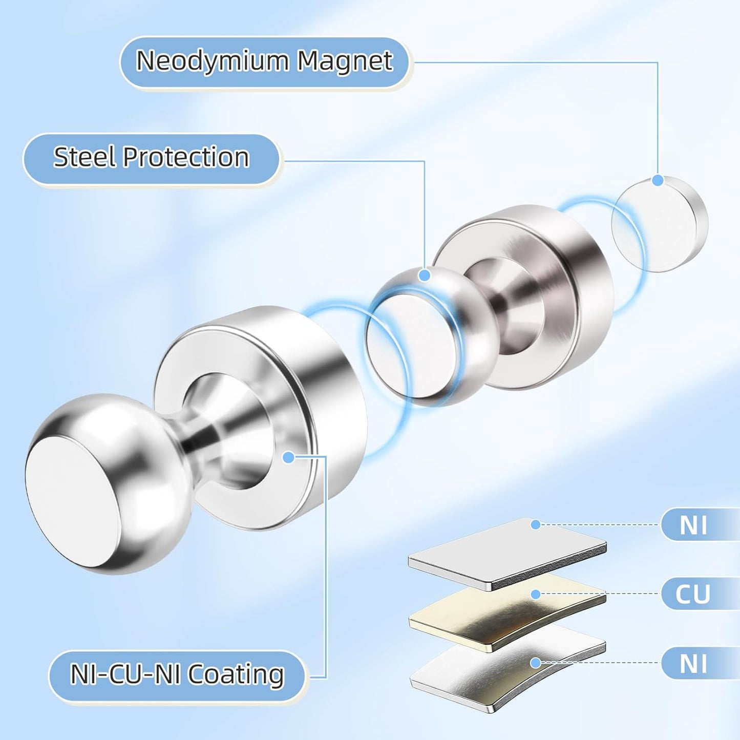 FINDMAG 45 Pack Fridge Magnets for Whiteboard, Strong Refrigerator Magnet, Small Neodymium Magnet, Tiny Magnet for Hanging, Map, Projects (Silver)