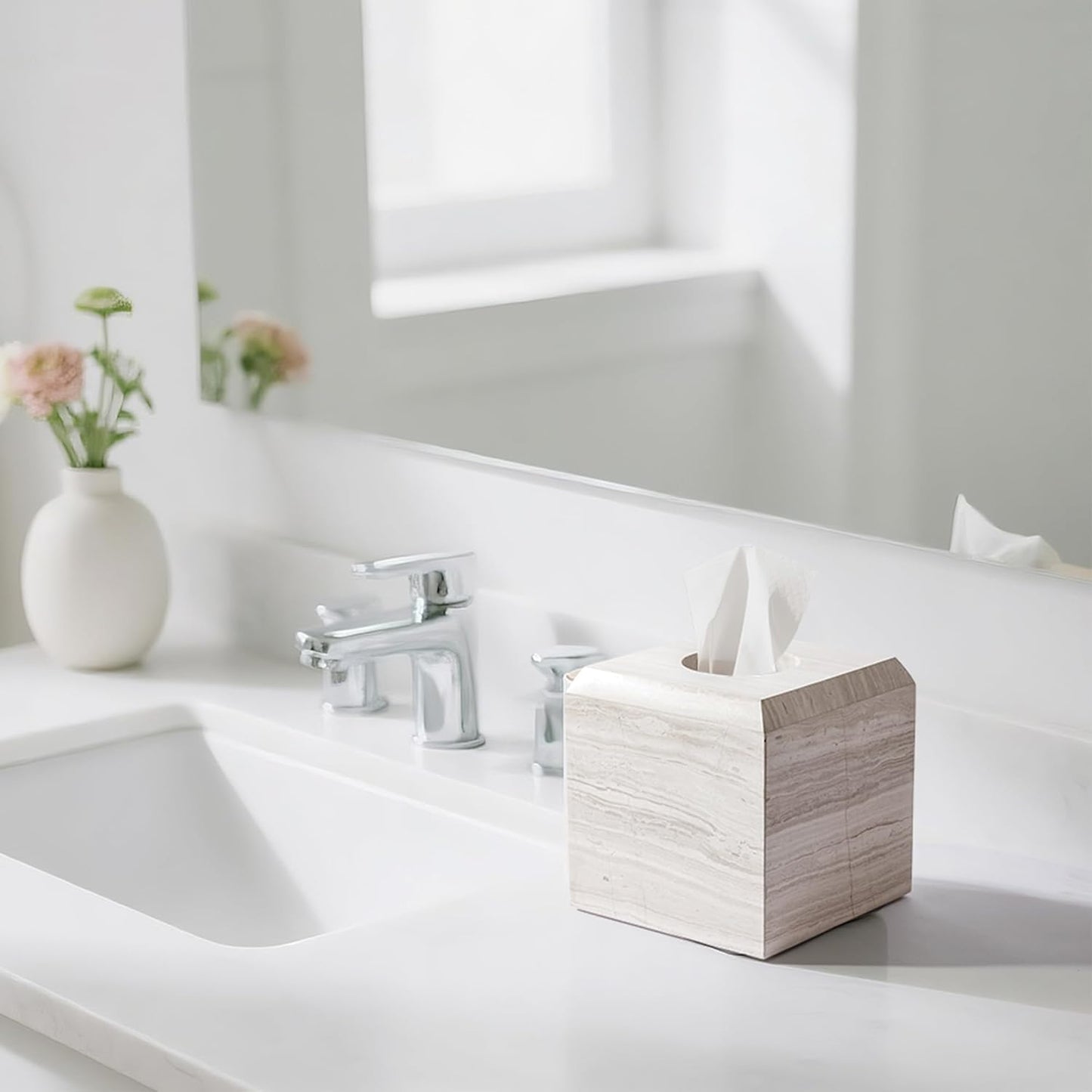 WORHE Tissue Box Cover Italy Natural Marble Heavy Duty Square Facial Toilet Paper Holder for Bathroom Living Room Bedroom Dresser Kitchen Minimalistic Office Home Decor Grey (WH078)