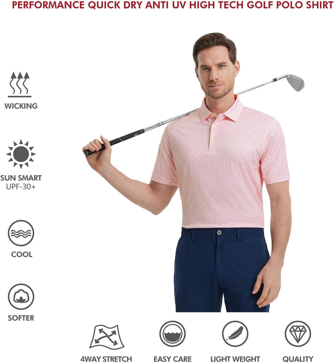 Golf Shirts for Men Dry Fit Short Sleeve Print Performance Moisture Wicking Polo Shirt