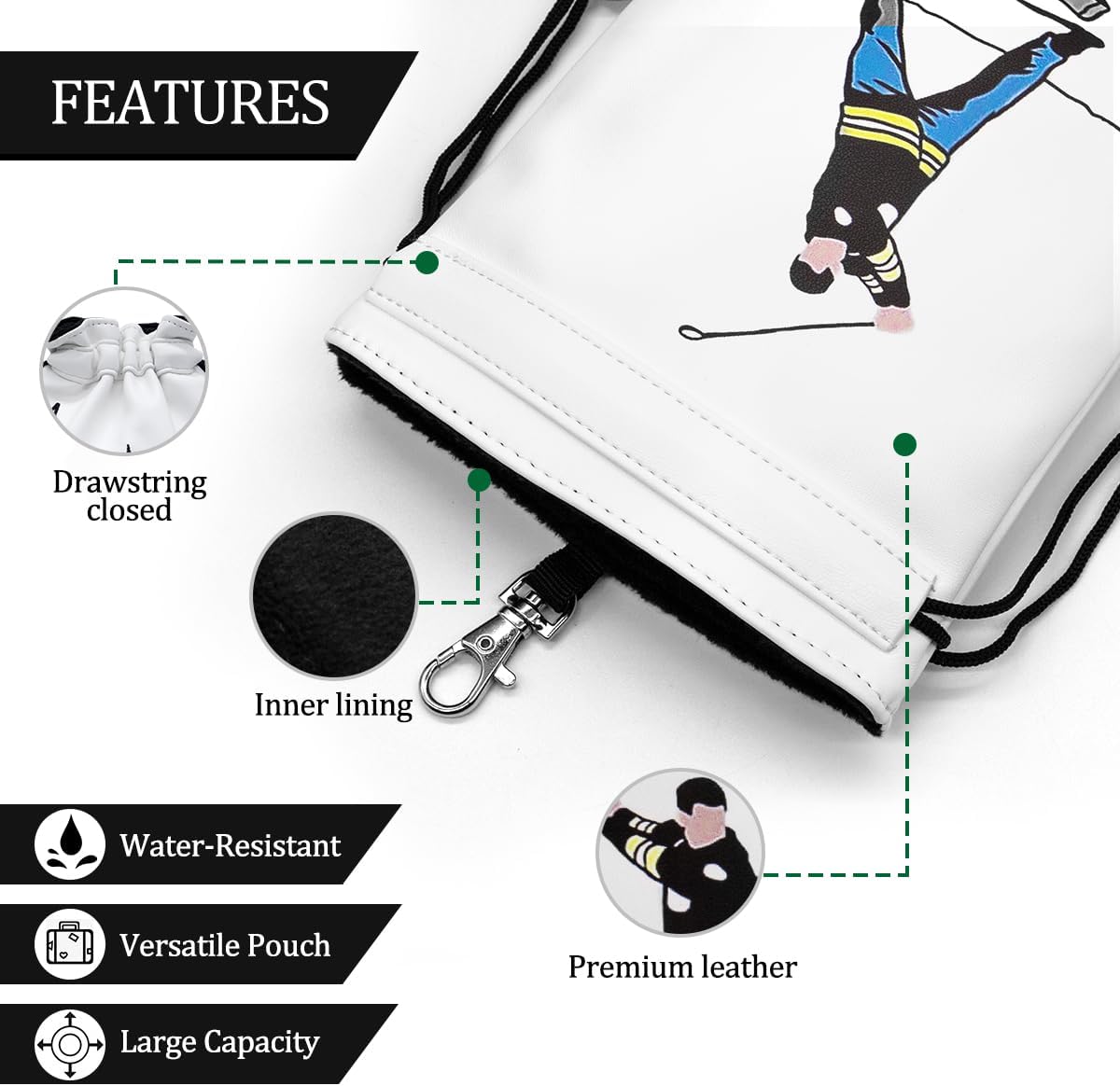Funny Golf Valuables Bag with Drawstrings - Synthetic Leather Tee Pouch for Men, White Gifts for Golfer