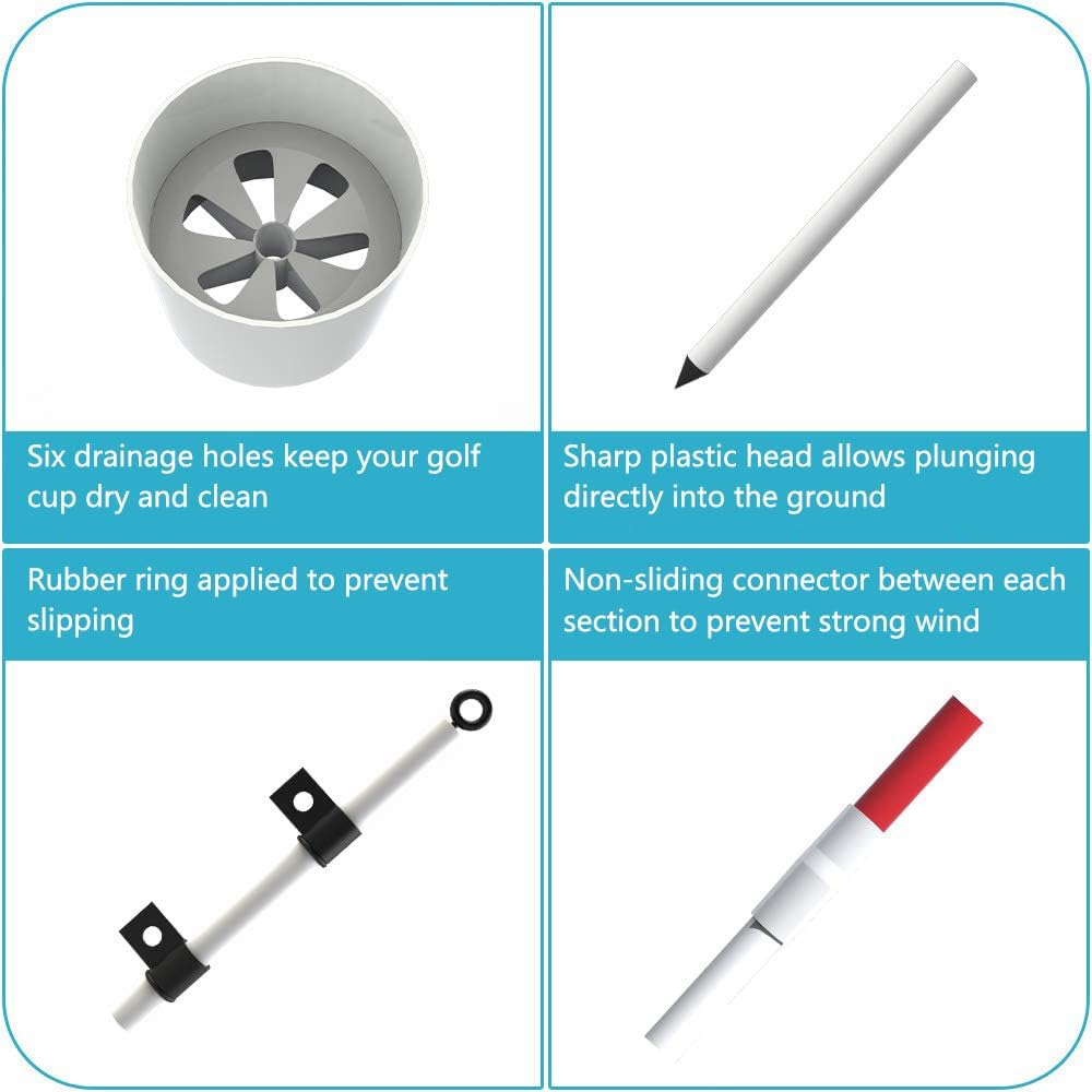 THIODOON Golf Flagstick 6ft Golf Flag and Cup for Yard Pro Detachable Golf Hole Cup and Flag for Driving Range Backyard Upgrade Anti-Rust Glass Fiber 5-Section Design with Connectors (Premium Flagstick Set -2 Pack)